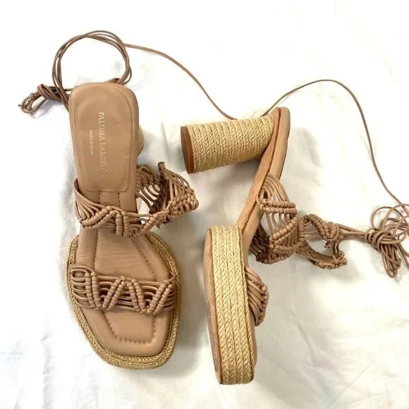 Paloma Barcelo Lace Up Platform Designer Maigo Espadrille Sandal Sand Tan US 8.5